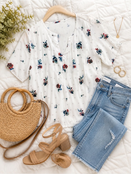 Amazon Tops - Feminine Floral Print Blouse White Short Sleeve Top Small